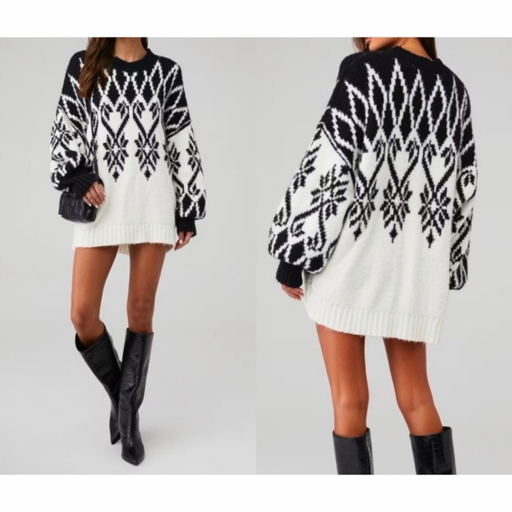 FREE PEOPLE Fireside Tunic Sweater Ivory Black | XS